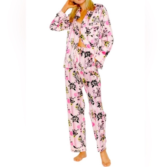 Victoria's Secret Other - Victoria's Secret Satin Pajamas Pink Floral Stripe Print VS Size Medium